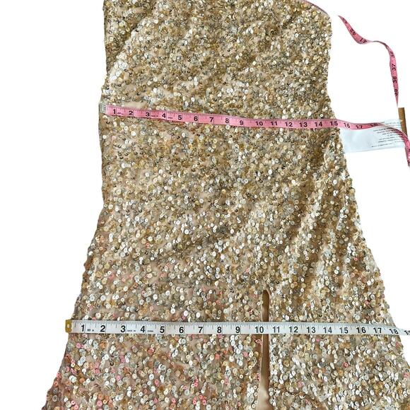 Mac Duggal NEW One Shoulder Sequin Embellished High Slit Maxi Gown Champagne 4 - Picture 14 of 16
